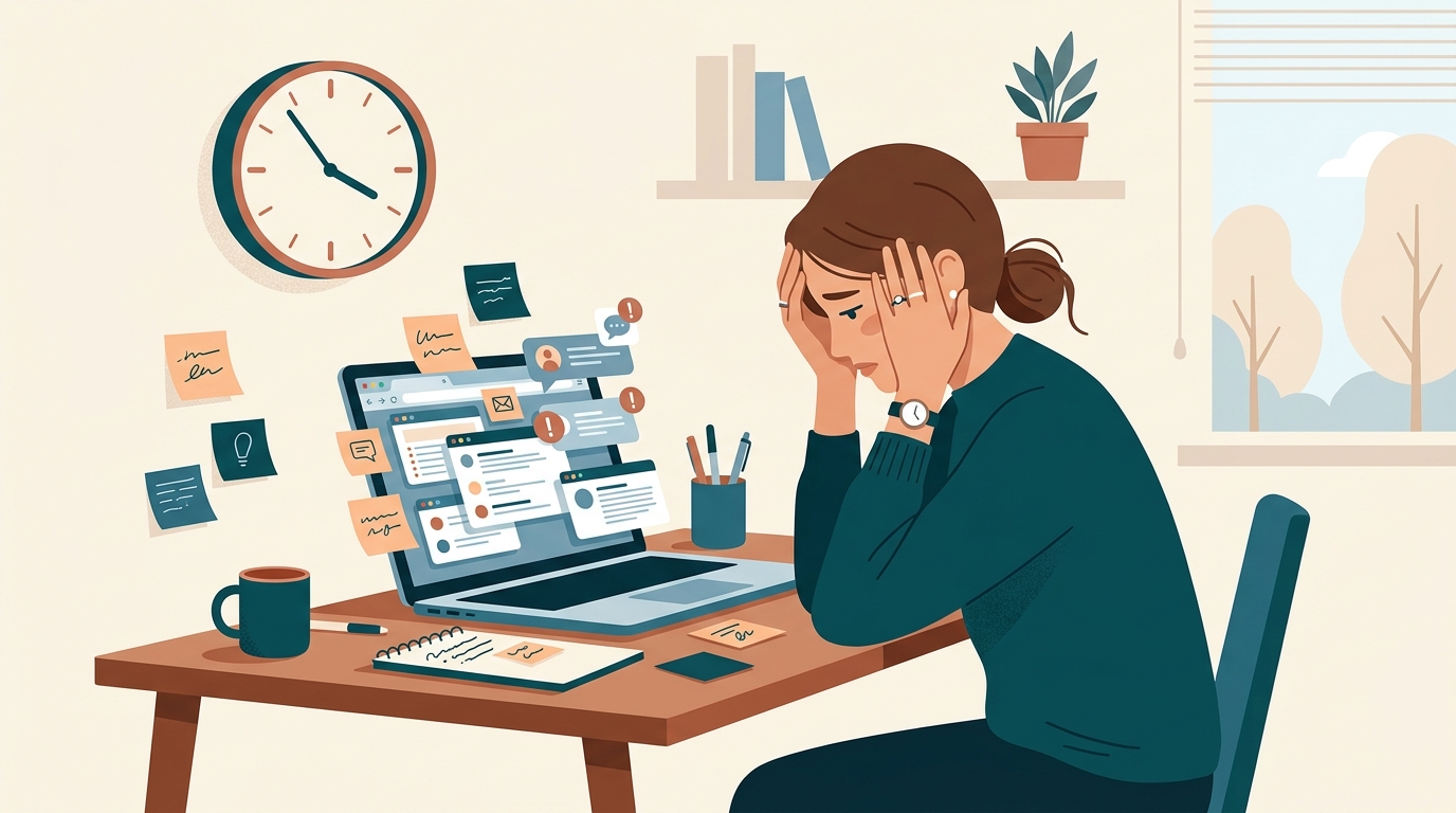 Minh họa cảm giác kiệt sức và bế tắc của người trẻ trước màn hình máy tính ngập tràn thông báo và việc vụn