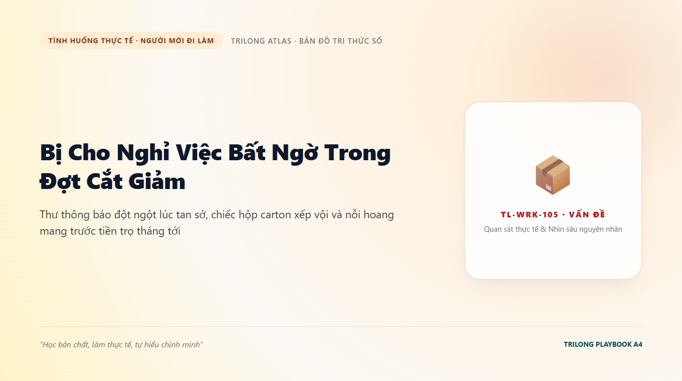 Minh họa nhân viên trẻ ôm thùng đồ rời khỏi tòa nhà công ty sau quyết định cắt giảm