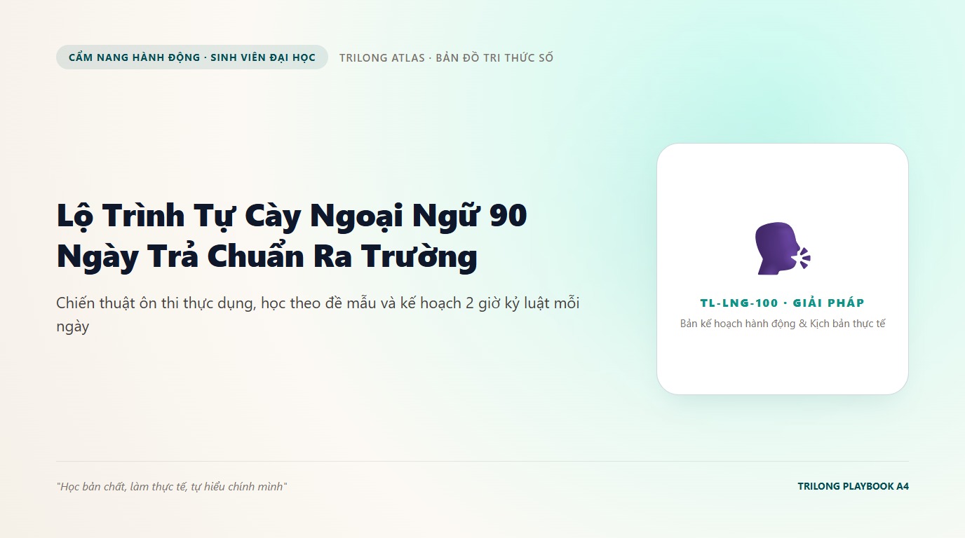 Minh họa bạn sinh viên ngồi chăm chú bên bàn học cùng tai nghe và cuốn sổ tay ghi chép lộ trình tự học 90 ngày