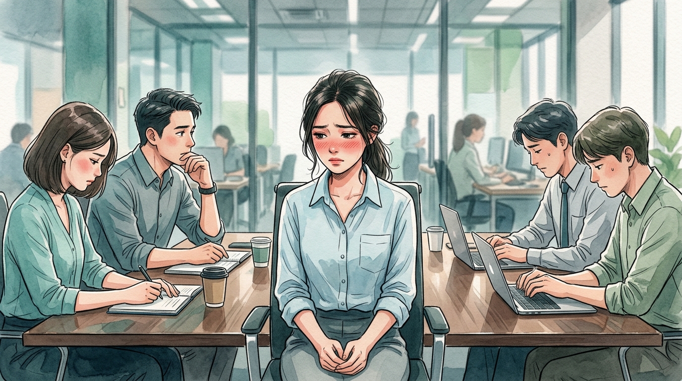 Nhân viên trẻ ngồi cúi mặt bẽ bàng khi bị cấp trên lớn tiếng chỉ trích ngay giữa văn phòng làm việc