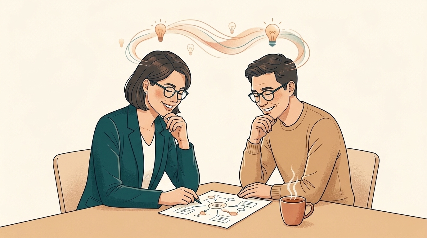 Khoảnh khắc thấu suốt và nhẹ nhõm khi hai người cùng ngồi nhìn vào bản phác thảo sớm trên bàn làm việc