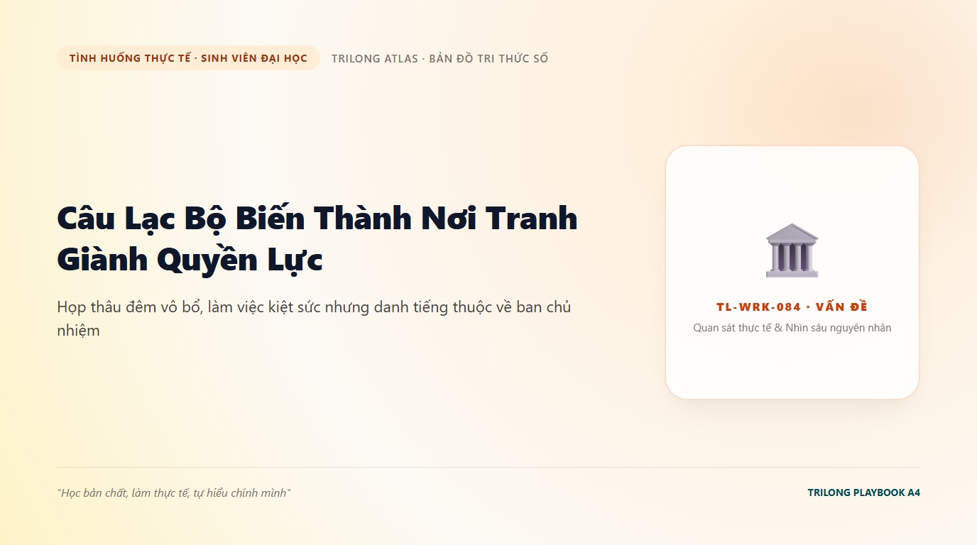 Minh họa bạn sinh viên ngồi mệt mỏi trong cuộc họp câu lạc bộ đêm khuya với đống giấy tờ lộn xộn