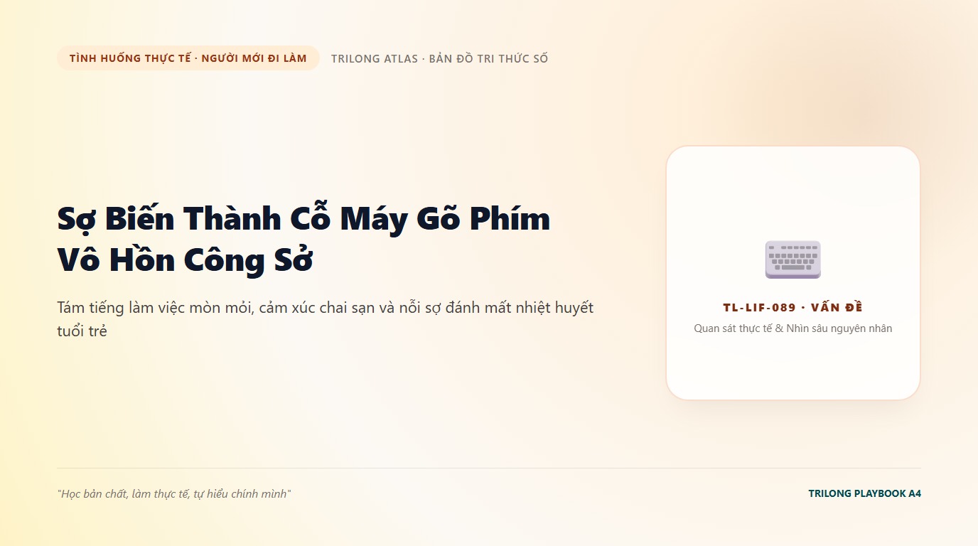 Minh họa bạn trẻ ngồi thẫn thờ trước màn hình máy tính công sở mờ mịt với ánh mắt vô hồn