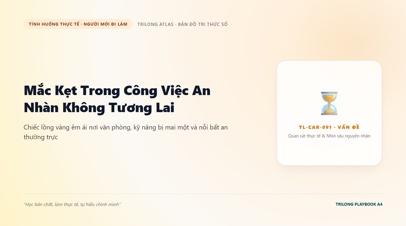 Minh họa nhân viên trẻ ngồi ngẩn ngơ trước màn hình máy tính trống trải với ánh mắt lo âu
