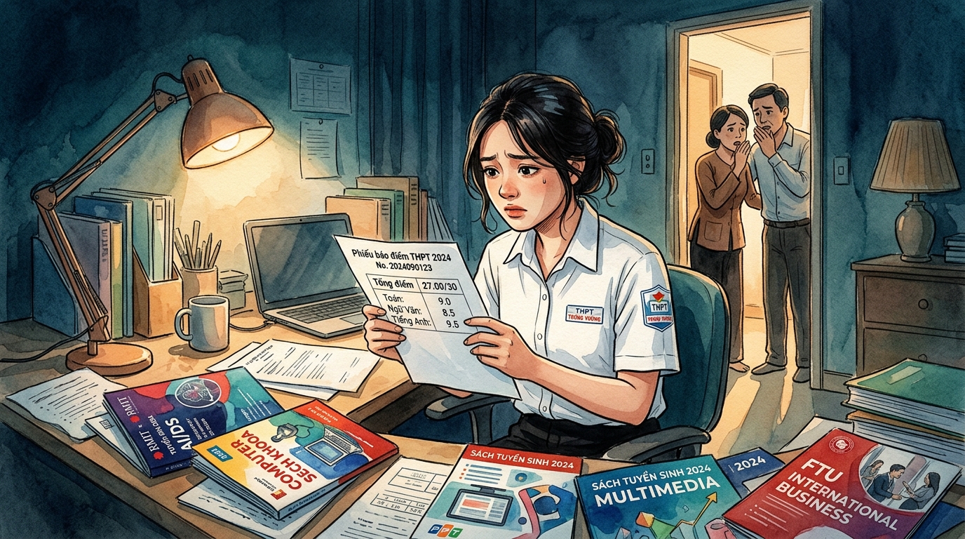 Học sinh lớp 12 ngồi bối rối trước màn hình máy tính chọn nguyện vọng đại học dưới sự thúc ép điểm số của gia đình