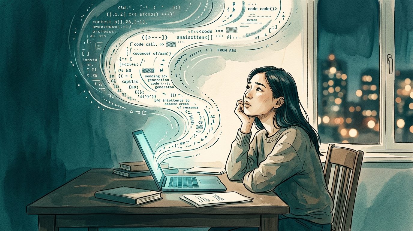 Minh họa người học ngồi trầm ngâm trước luồng câu trả lời có sẵn của trí tuệ nhân tạo