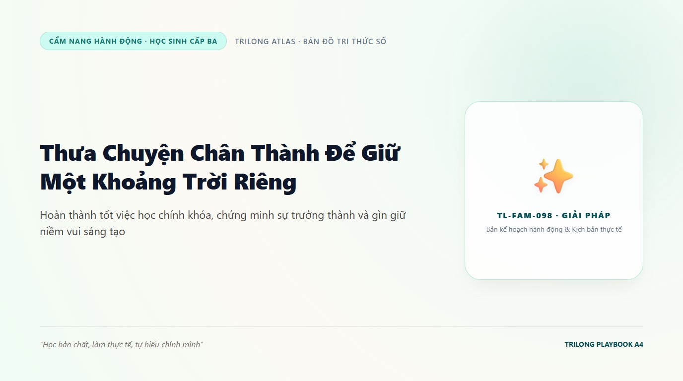 Minh họa bạn trẻ ngồi trò chuyện ấm áp bên mâm trà cùng cha mẹ với bản kế hoạch học tập ngay ngắn trên bàn