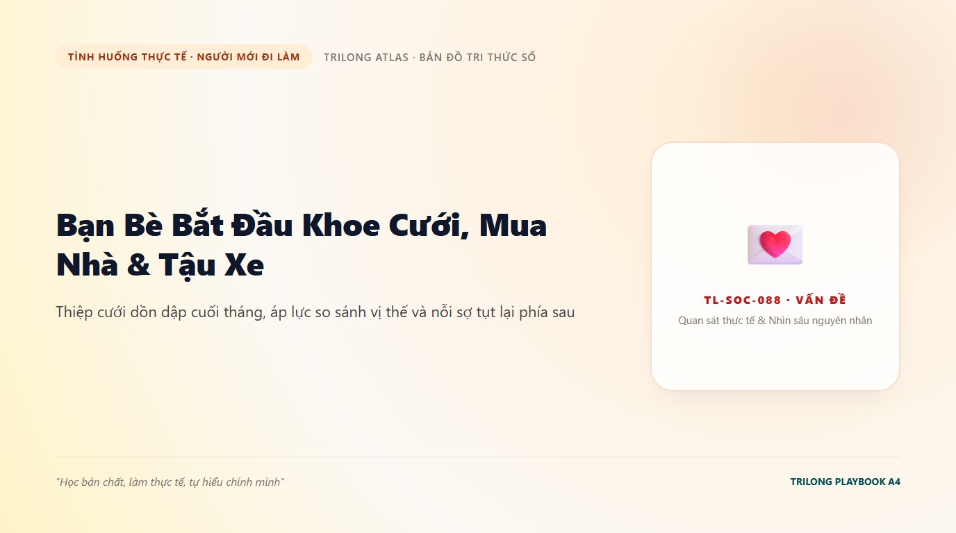 Minh họa bạn trẻ ngồi nhìn những tấm thiệp cưới trên bàn với khuôn mặt bối rối và đầy lo âu