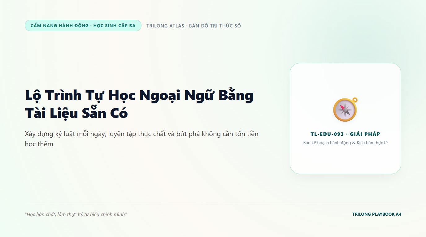 Minh họa bạn trẻ tự tin mỉm cười bên bàn học tối giản với chiếc tai nghe và cuốn sổ tay ghi chép từng bước làm chủ ngoại ngữ