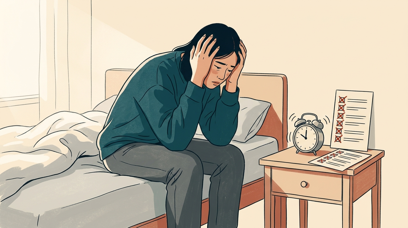 Minh họa cảm giác bế tắc và tội lỗi của người trẻ trước chiếc đồng hồ báo thức và danh sách mục tiêu khắc nghiệt
