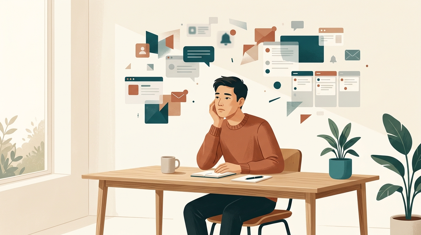Minh họa sự cô lập và mệt mỏi của người đi làm giữa ma trận công cụ số và cơn mưa thông báo
