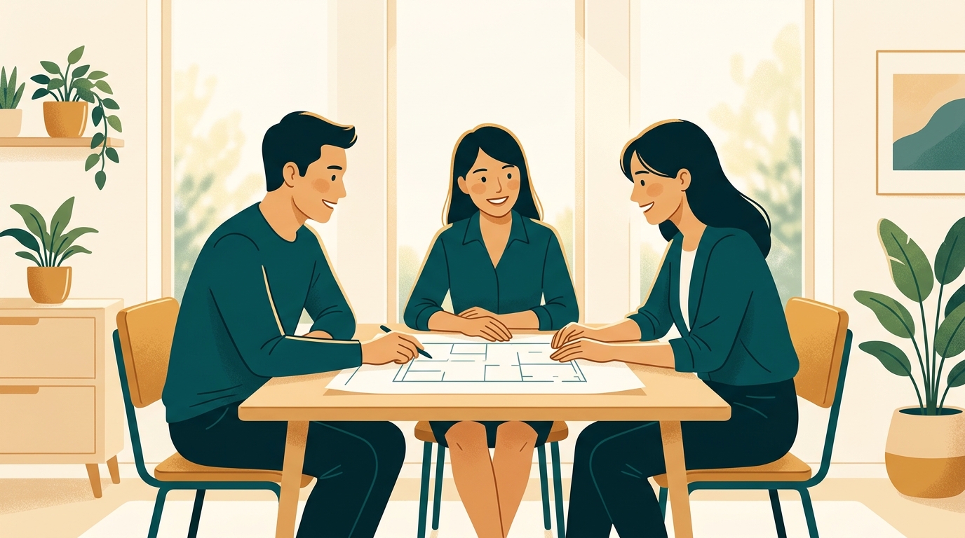 Khoảnh khắc nhóm làm việc cùng ngồi lại bên một bản phác thảo tinh gọn trong sự thấu cảm và tin cậy