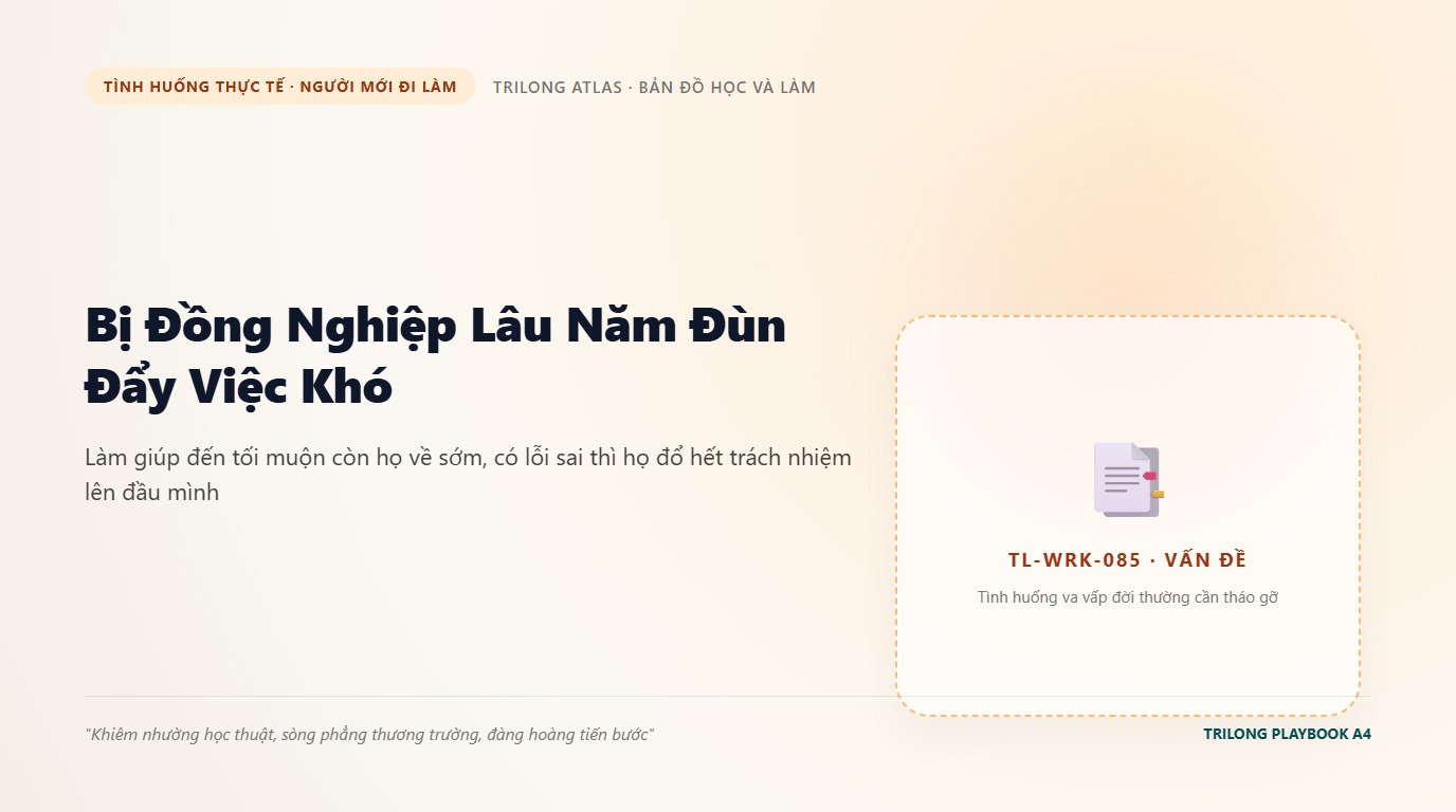 Minh họa nhân viên trẻ ngồi lại văn phòng lúc tối muộn đối mặt với chồng hồ sơ bị đồng nghiệp đùn đẩy