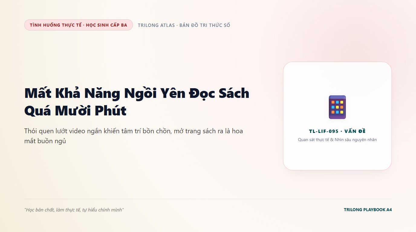 Minh họa học sinh cấp ba ngồi mệt mỏi bên bàn học ngổn ngang sách vở trong khi ngón tay vô thức lướt màn hình điện thoại phát sáng