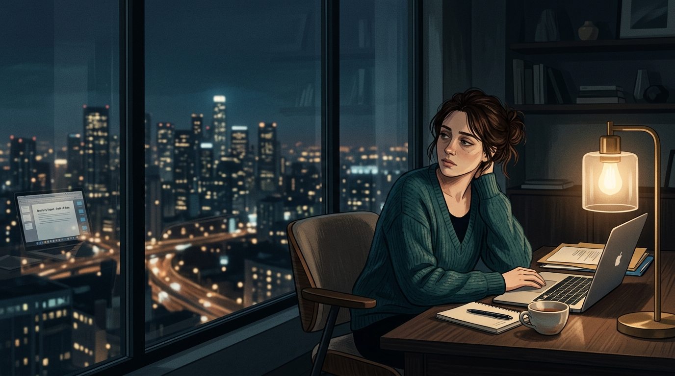Minh họa người trẻ ngồi lặng trước màn hình máy tính trong đêm muộn