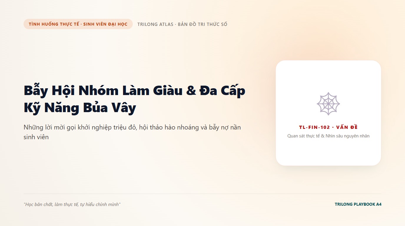Minh họa bạn sinh viên ngồi lạc lõng giữa hội trường hội thảo làm giàu ồn ào với những ánh đèn flash hào nhoáng