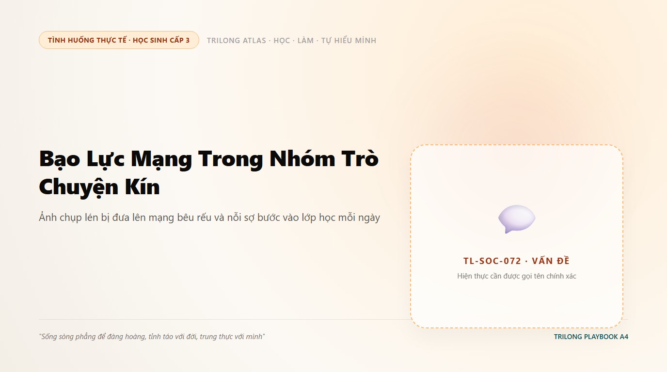 Minh họa bạn học sinh đứng lặng người nghẹn ngào giữa hành lang trường học khi phát hiện nhóm chat kín nói xấu