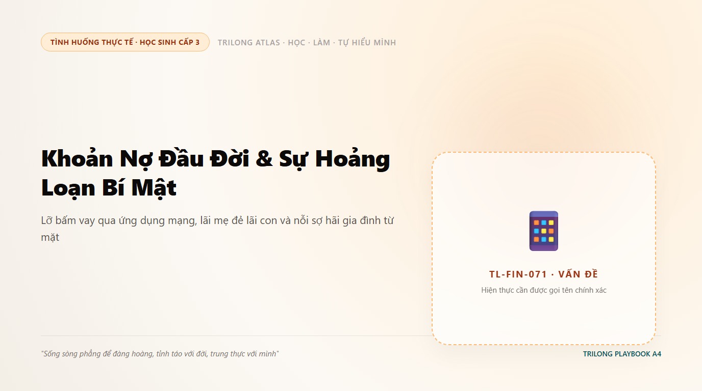 Minh họa bạn học sinh ngồi co ro ôm mặt lo âu trong phòng tối trước những tin nhắn đòi nợ dồn dập trên điện thoại