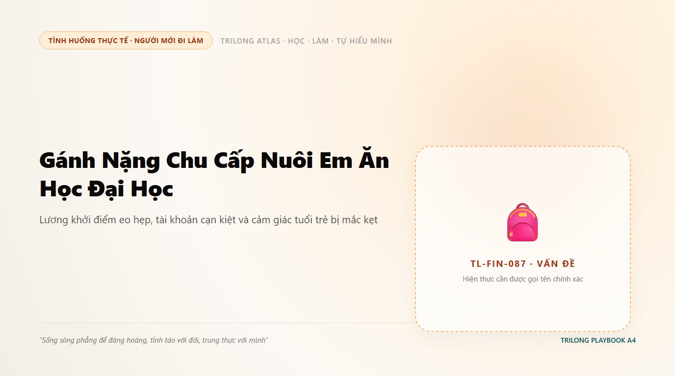Minh họa bạn trẻ mới đi làm ngồi thẫn thờ nhìn số dư tài khoản cạn kiệt sau khi chuyển tiền nuôi em
