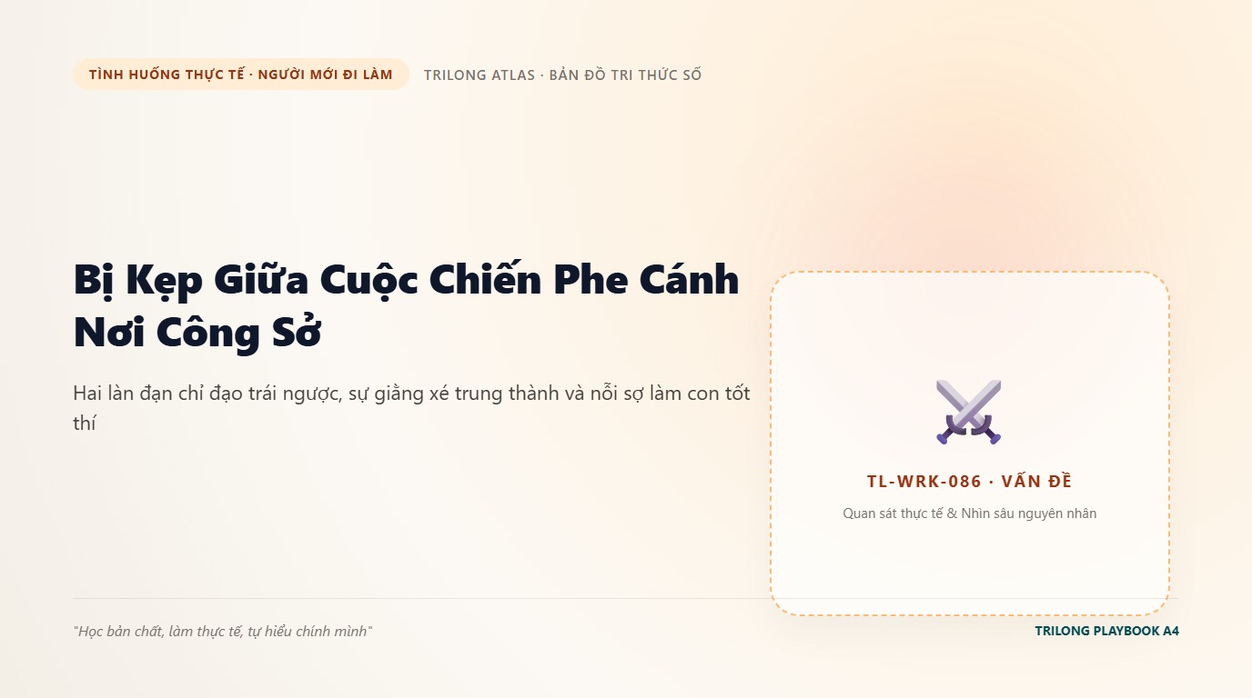Minh họa bạn nhân viên trẻ đứng bối rối giữa hai cánh cửa phòng làm việc của hai sếp đối đầu
