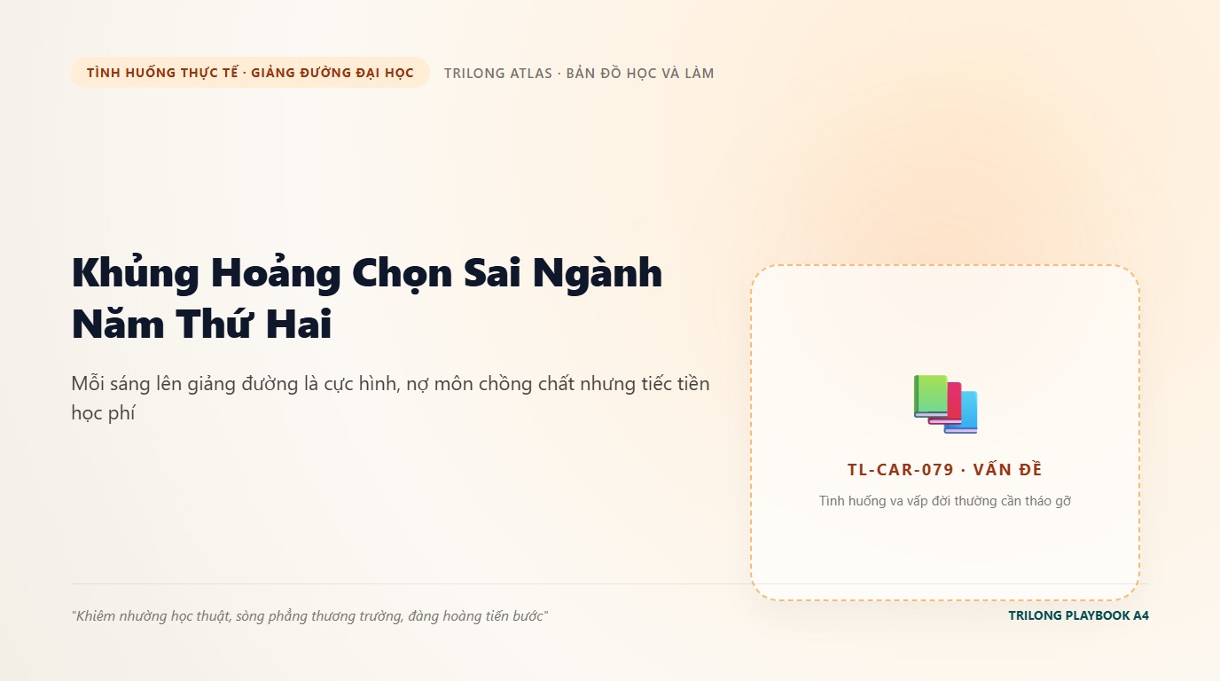 Minh họa sinh viên ngồi uể oải giữa chồng giáo trình chuyên ngành năm hai trong phòng trọ