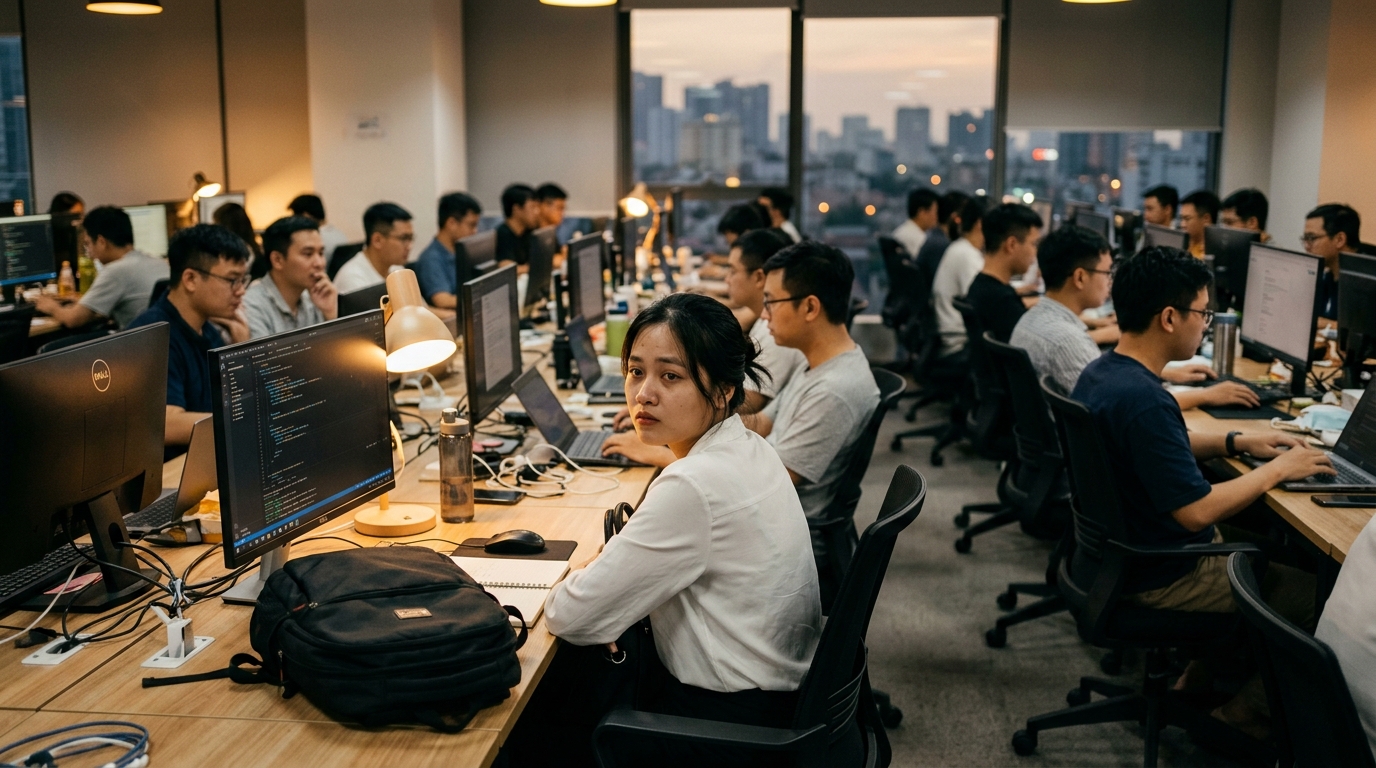 Nhân viên trẻ ngồi nán lại văn phòng lúc 18:30 dù đã xong việc, liếc nhìn xung quanh thấy ai cũng ngồi im nên không dám đứng dậy về