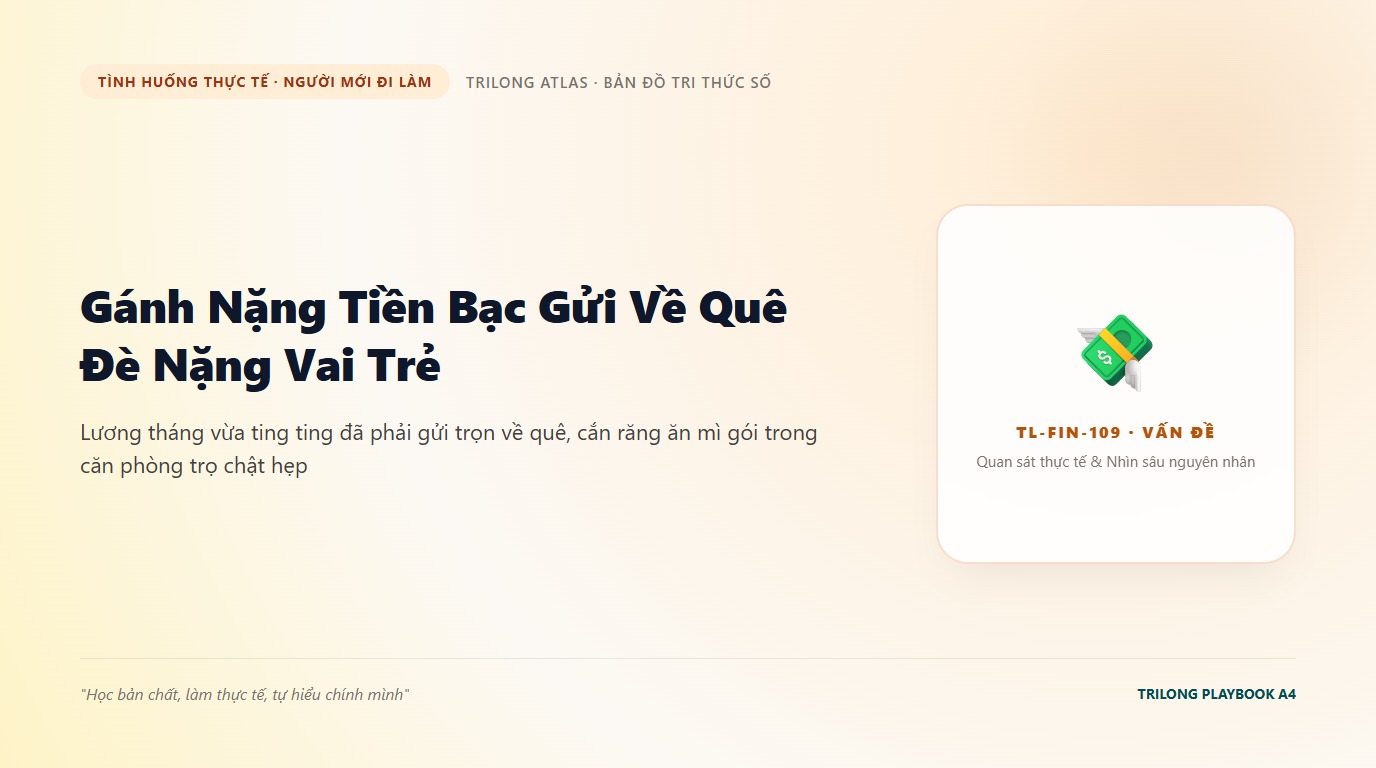 Minh họa nhân viên trẻ lo lắng nhìn số dư tài khoản sau khi gửi tiền về quê