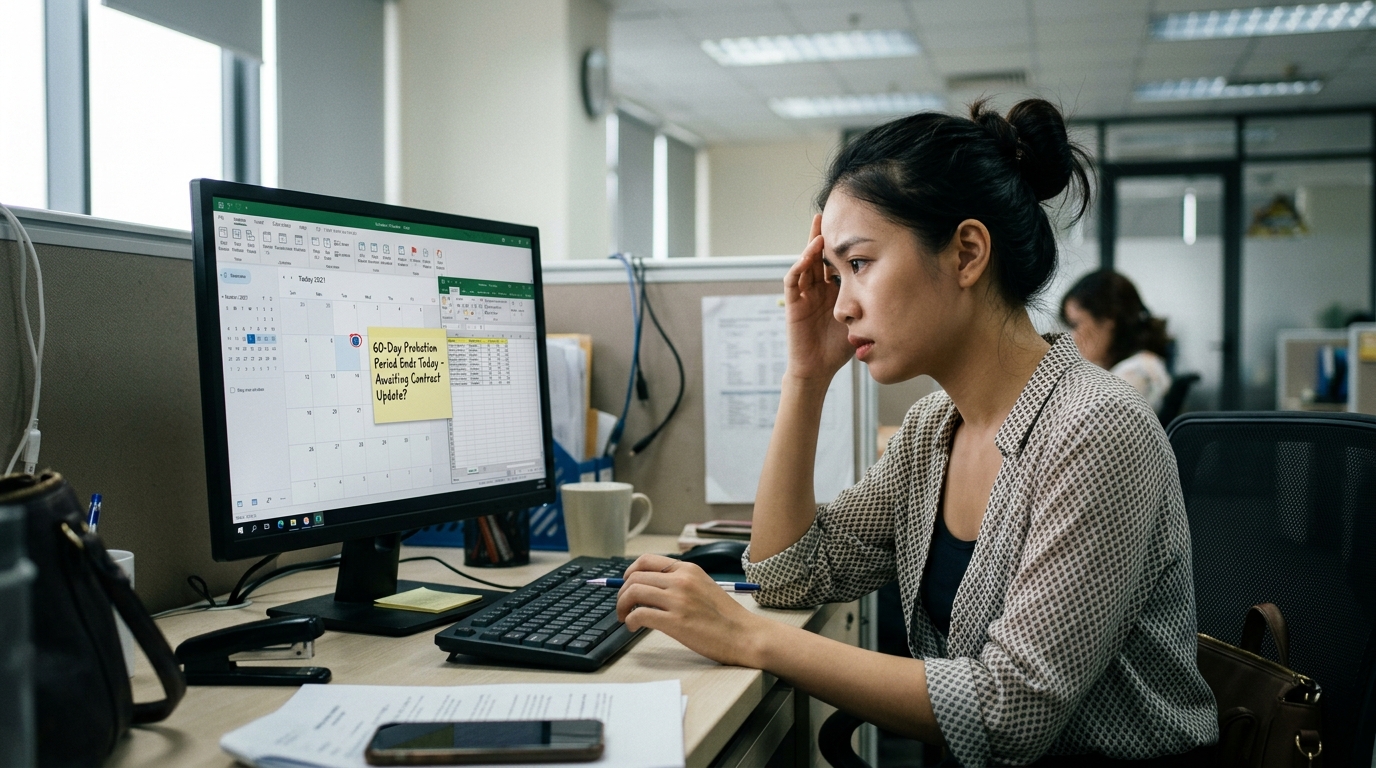 Nhân viên trẻ ngồi thấp thỏm bên bàn làm việc nhìn lịch thấy 60 ngày thử việc đã trôi qua mà không ai nhắc đến hợp đồng