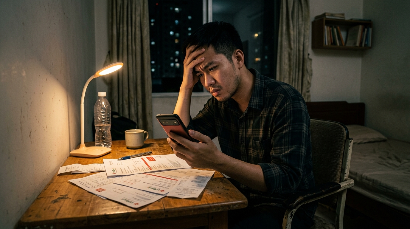 Bạn trẻ ngồi bế tắc trong phòng trọ đêm muộn trước đống hóa đơn nợ thẻ tín dụng và điện thoại