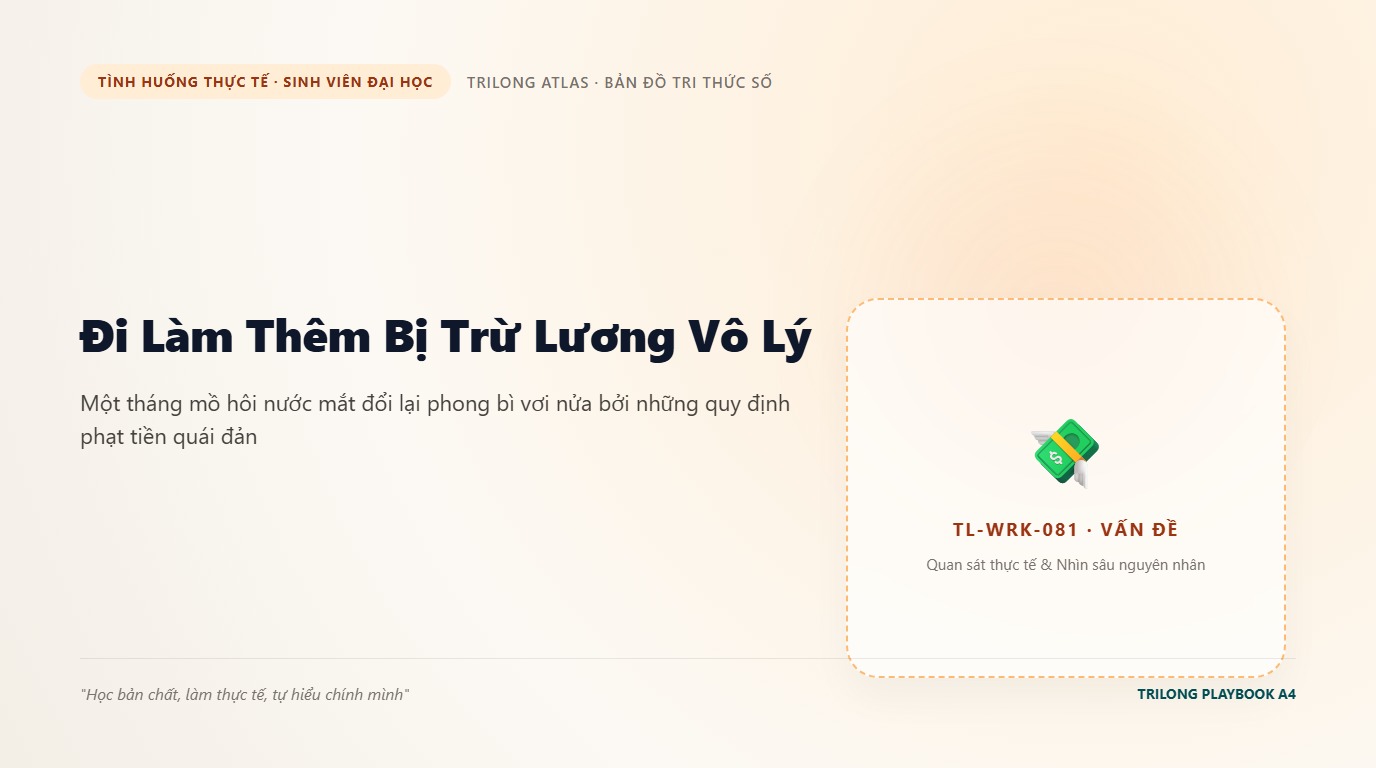 Minh họa bạn sinh viên cầm phong bì lương bị trừ vô lý đứng trước quầy thu ngân quán cà phê