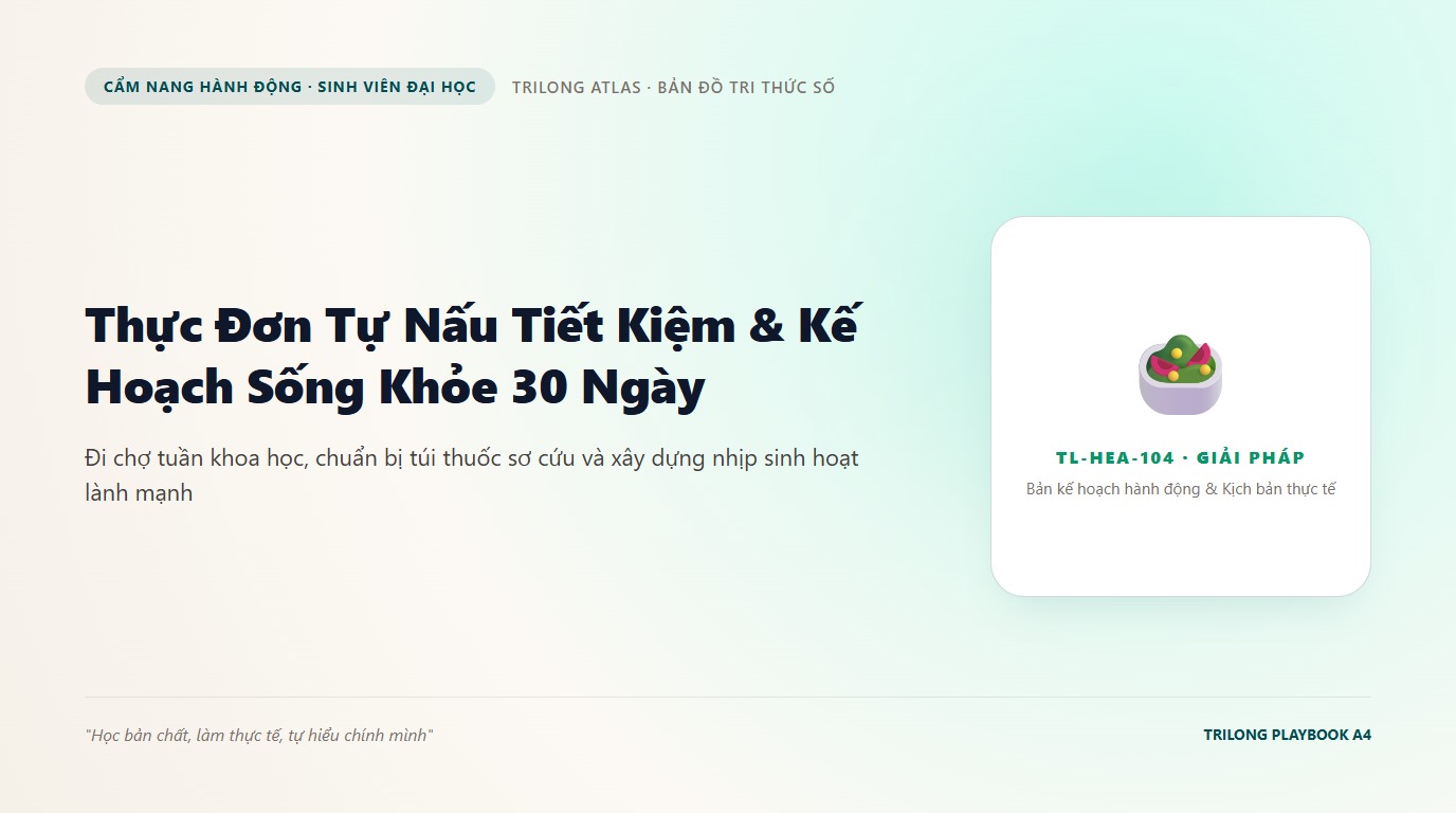 Minh họa bạn sinh viên mỉm cười chuẩn bị bữa cơm ấm cúng trong căn bếp nhỏ của phòng trọ với rau xanh và cá kho
