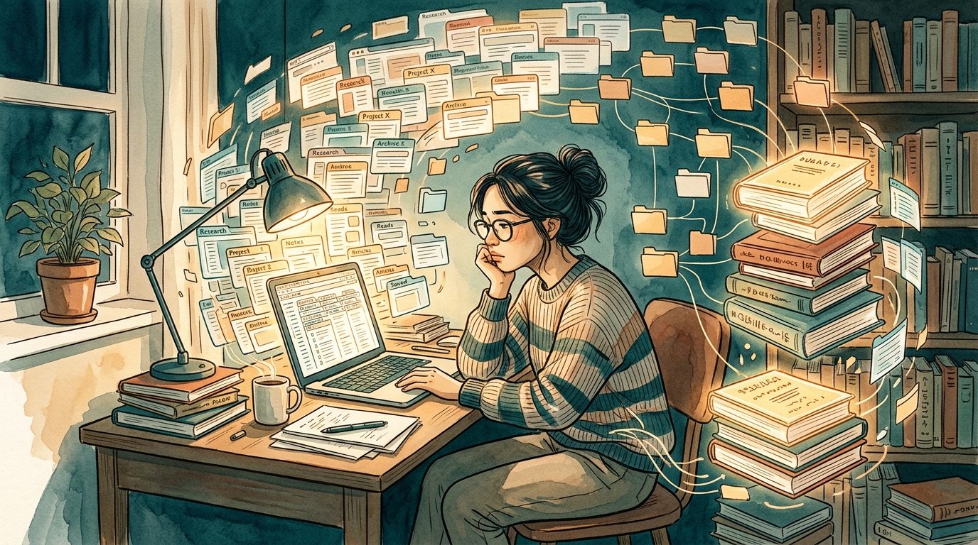 Minh họa người học ngập tràn trong các thư mục và thẻ dấu trang kỹ thuật số