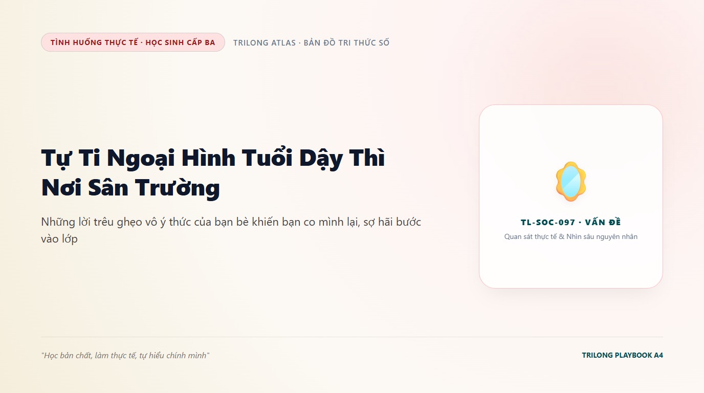 Minh họa học sinh cấp ba cúi đầu nép mình bên góc hành lang trường học trước những ánh mắt chỉ trỏ trêu chọc của bạn bè
