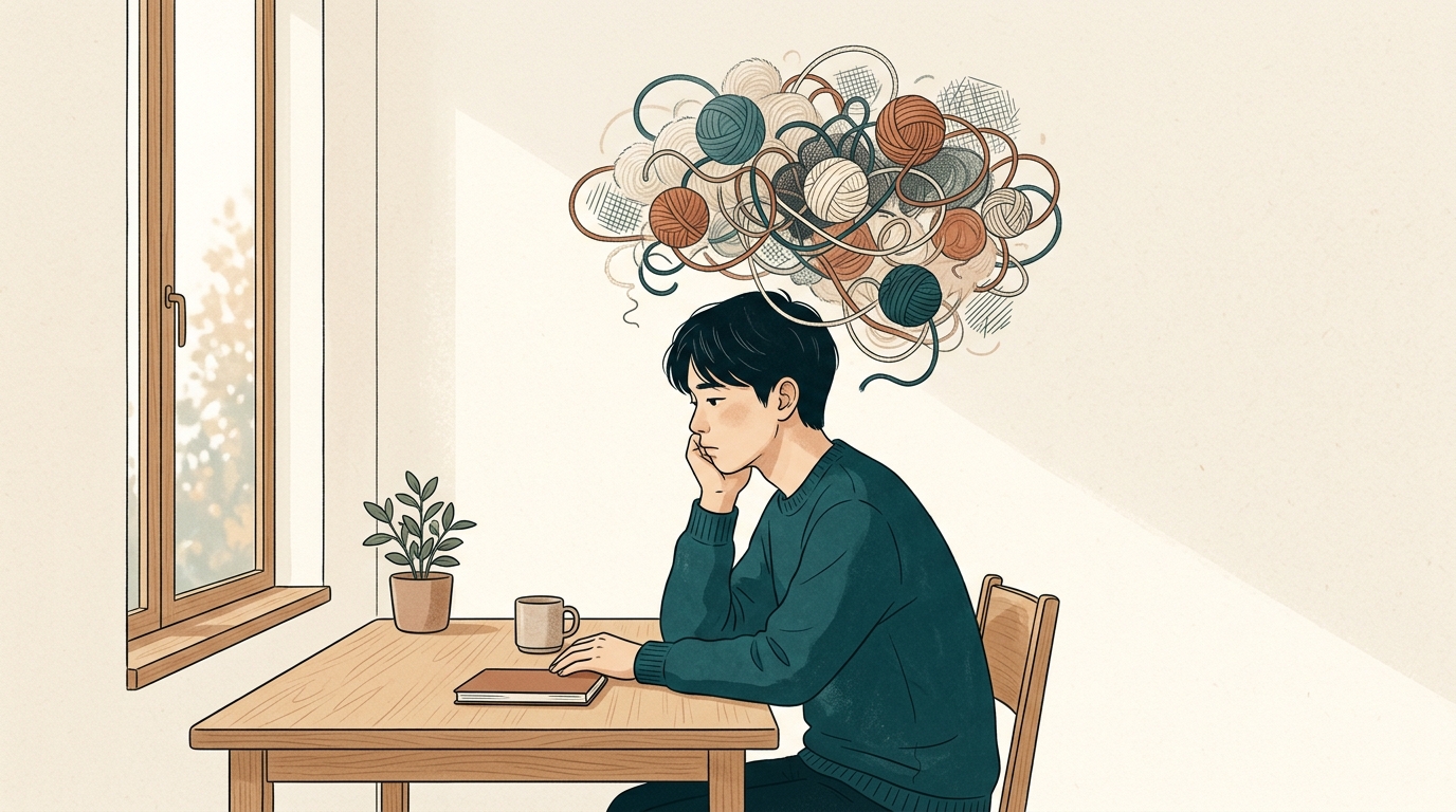 Minh họa tâm trí ngổn ngang những sợi tơ suy nghĩ bế tắc trước bàn làm việc