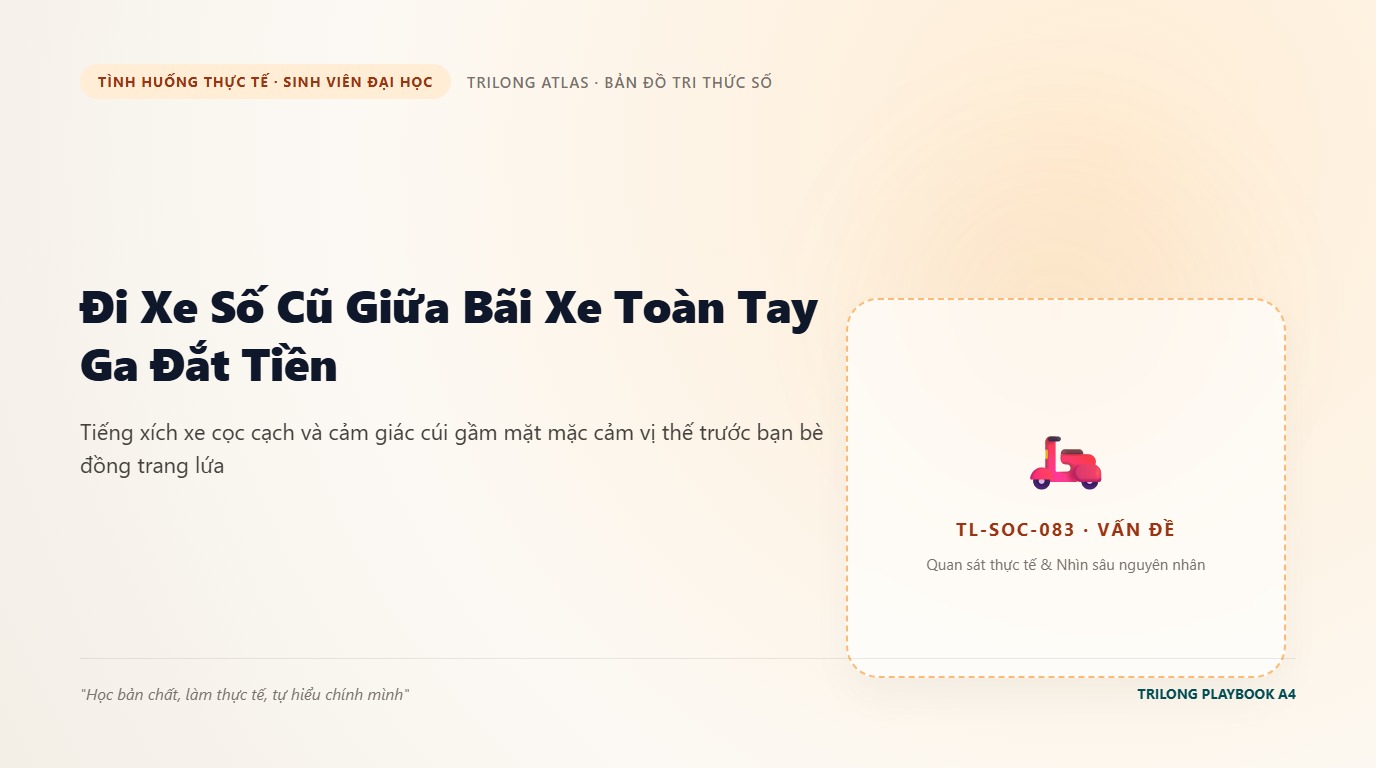 Minh họa bạn sinh viên đứng cạnh chiếc xe số cũ kỹ giữa bãi giữ xe trường đại học toàn xe tay ga đời mới