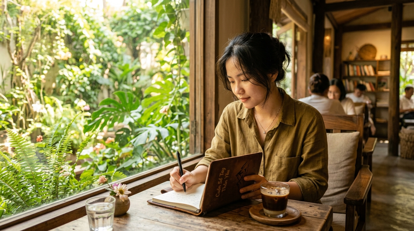Bạn trẻ ngồi thảnh thơi bên bàn gỗ ngập tràn ánh nắng ban mai, viết nhật ký và tìm lại định hướng sống