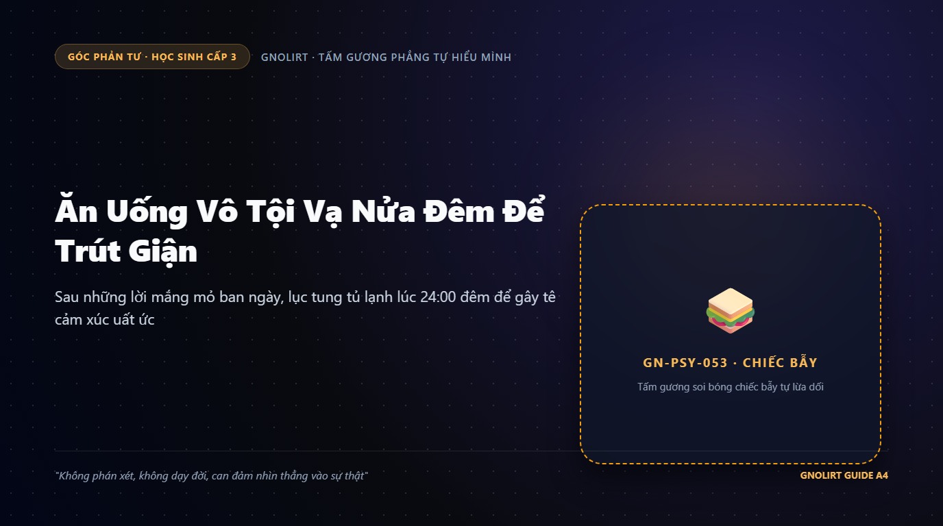 Minh họa bạn học sinh ngồi ăn ngấu nghiến đồ ngọt lúc nửa đêm bên ánh sáng tủ lạnh le lói