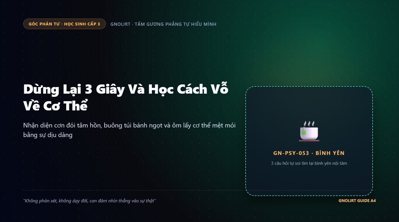 Minh họa bạn học sinh bình thản ngồi uống ly nước ấm bên cửa sổ và đặt tay lên ngực lắng nghe cơ thể