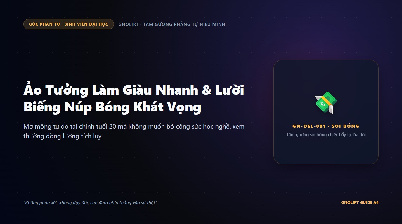 Minh họa bạn trẻ ngồi chống cằm mơ màng trước chiếc bàn học bừa bộn với những hình vẽ xe sang nhà lầu lơ lửng trong đầu