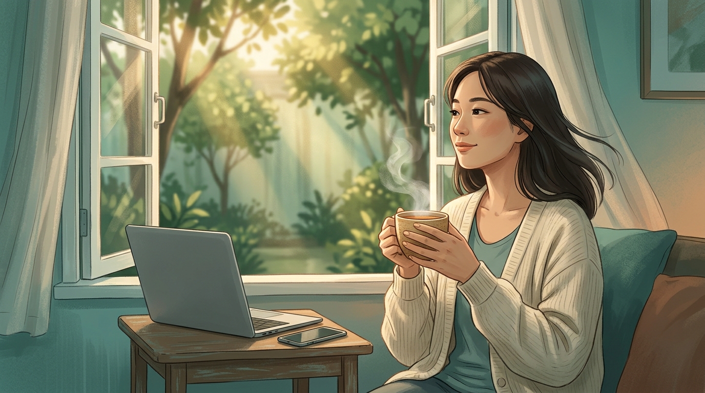 Thư thái ngồi yên bên khung cửa sổ đón nhận sự tĩnh lặng và hòa giải với chính mình