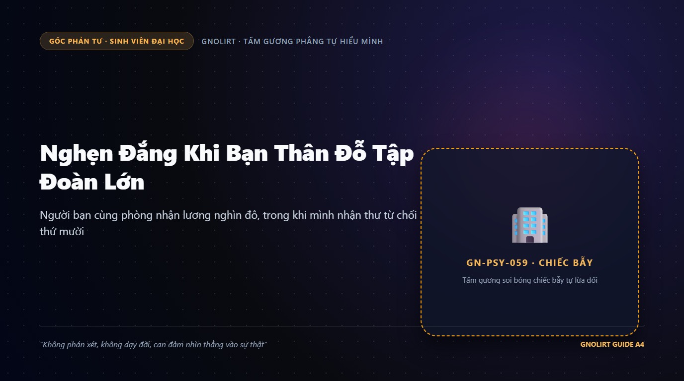 Minh họa bạn sinh viên đứng lặng lẽ ở ban công phòng trọ nhìn bạn thân vui sướng nhận email trúng tuyển tập đoàn lớn