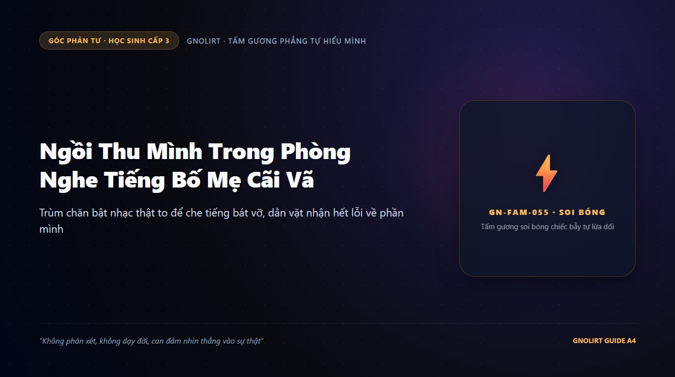 Minh họa bạn học sinh ngồi co ro ôm gối trong phòng tối với tai nghe và nét mặt đau đớn