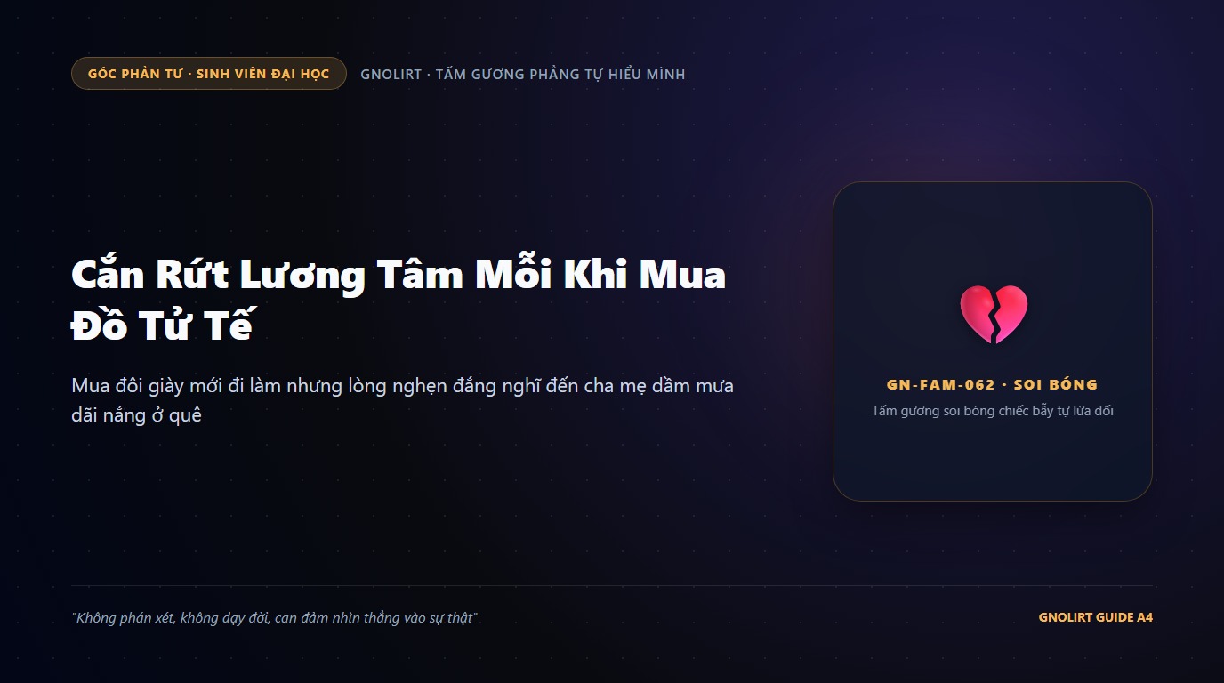 Minh họa bạn sinh viên trẻ ngồi thẫn thờ trong phòng trọ nhìn chiếc hộp giày mới với ánh mắt cắn rứt