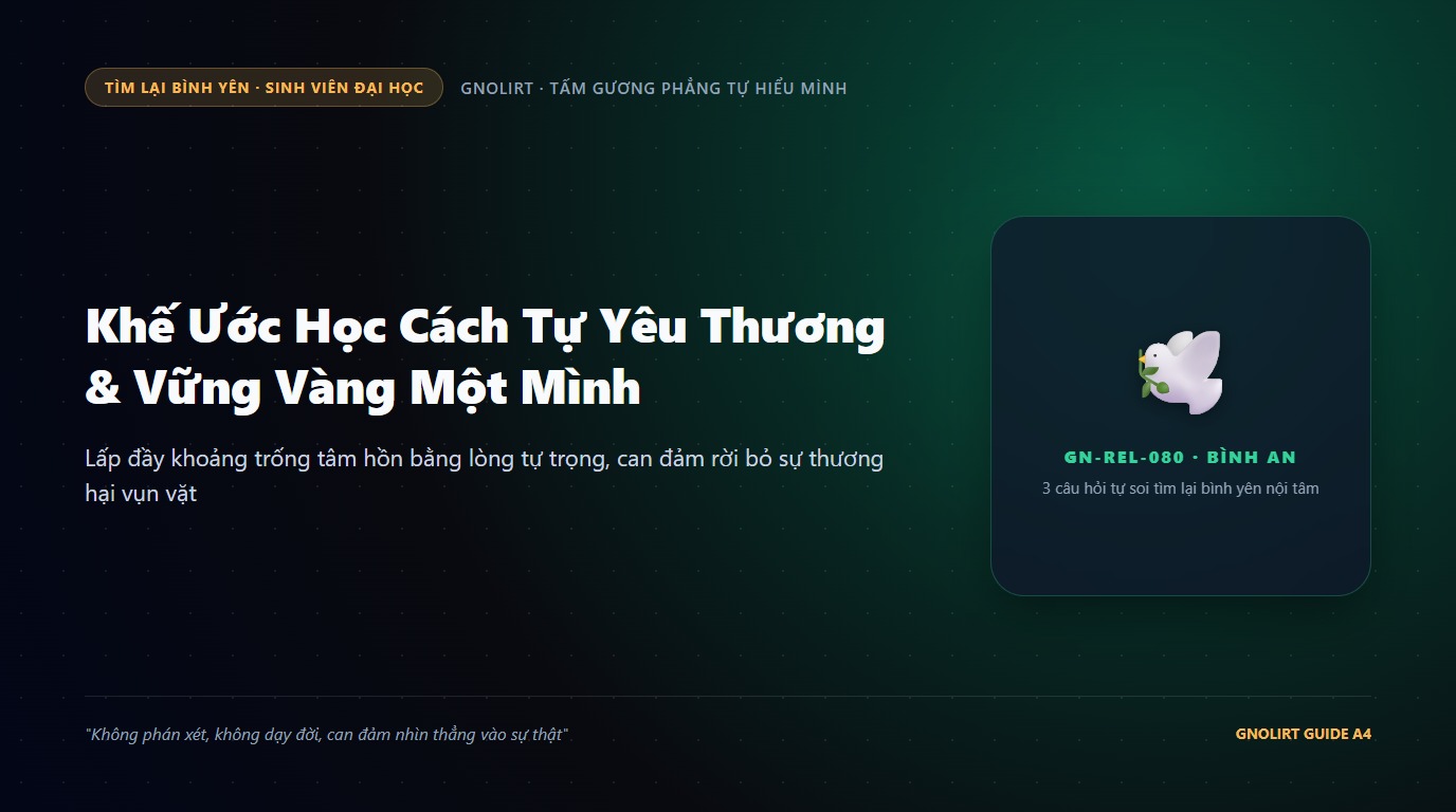 Minh họa bạn trẻ đứng trước gương trong phòng trọ mỉm cười tự tin nhìn vào mắt mình với ánh mắt nhẹ nhõm và yêu thương