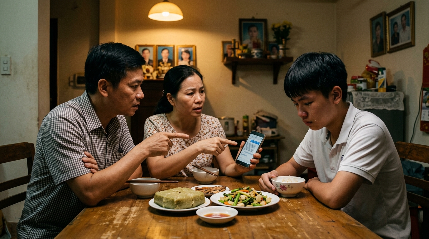 Học sinh cấp 3 cúi đầu im lặng bên mâm cơm gia đình khi bố mẹ đang chỉ vào màn hình điện thoại khoe thành tích của người khác