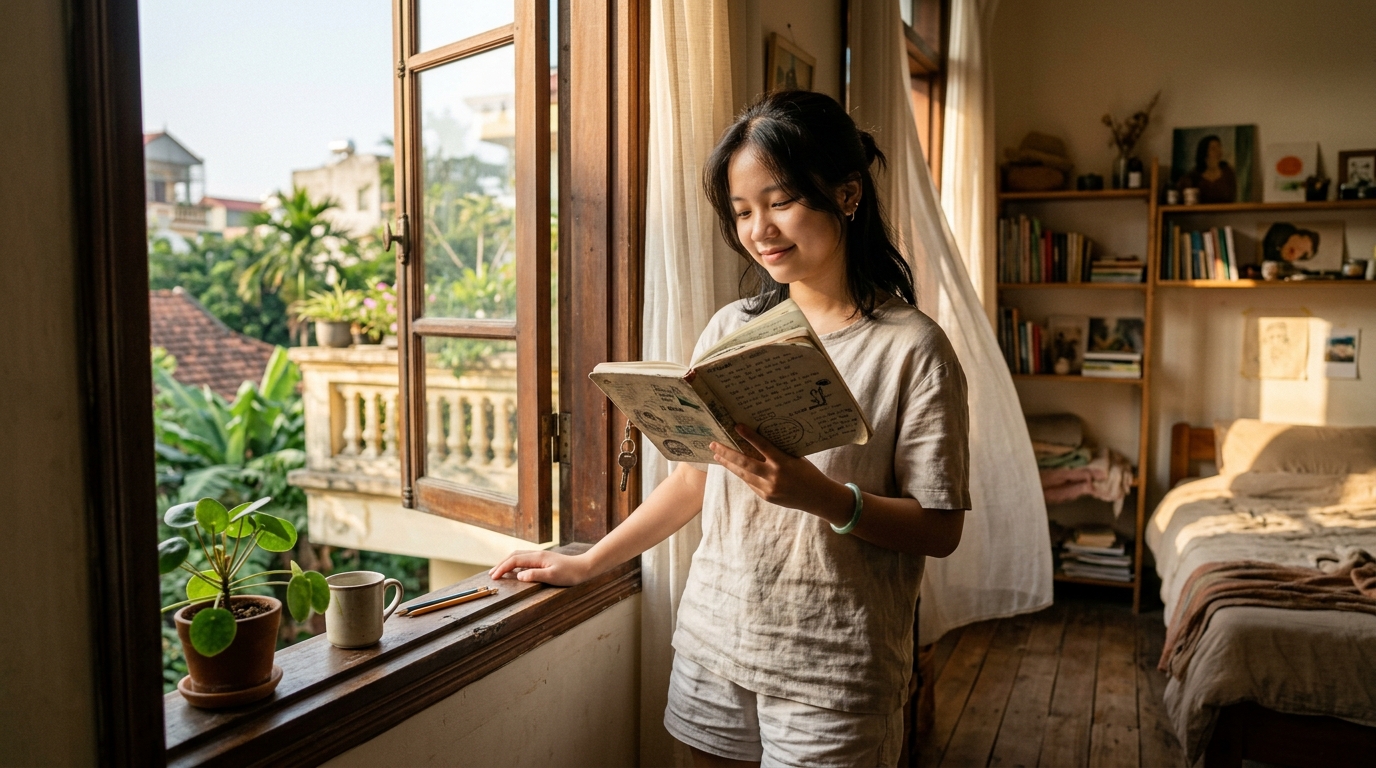 Bạn trẻ đứng bên khung cửa sổ ngập nắng sớm, mỉm cười thanh thản, cầm cuốn tập vẽ của riêng mình