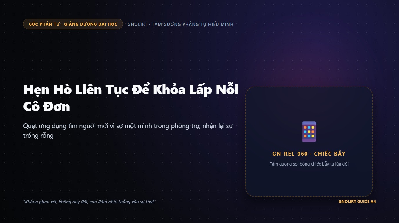 Minh họa bạn trẻ ngồi cô đơn lướt ứng dụng hẹn hò trong căn phòng trọ tối