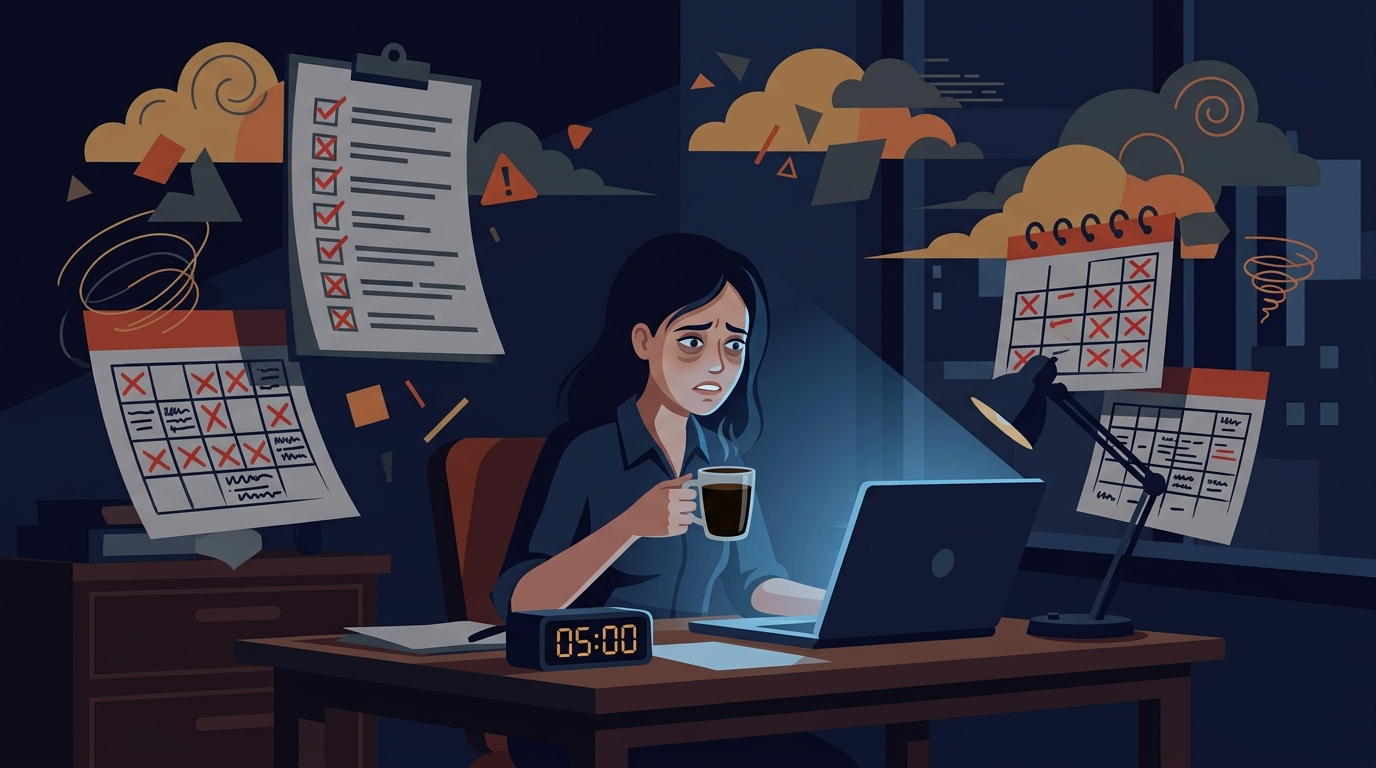 Người trẻ ngồi làm việc kiệt sức trong đêm tối trước màn hình máy tính chằng chịt lịch trình to-do list
