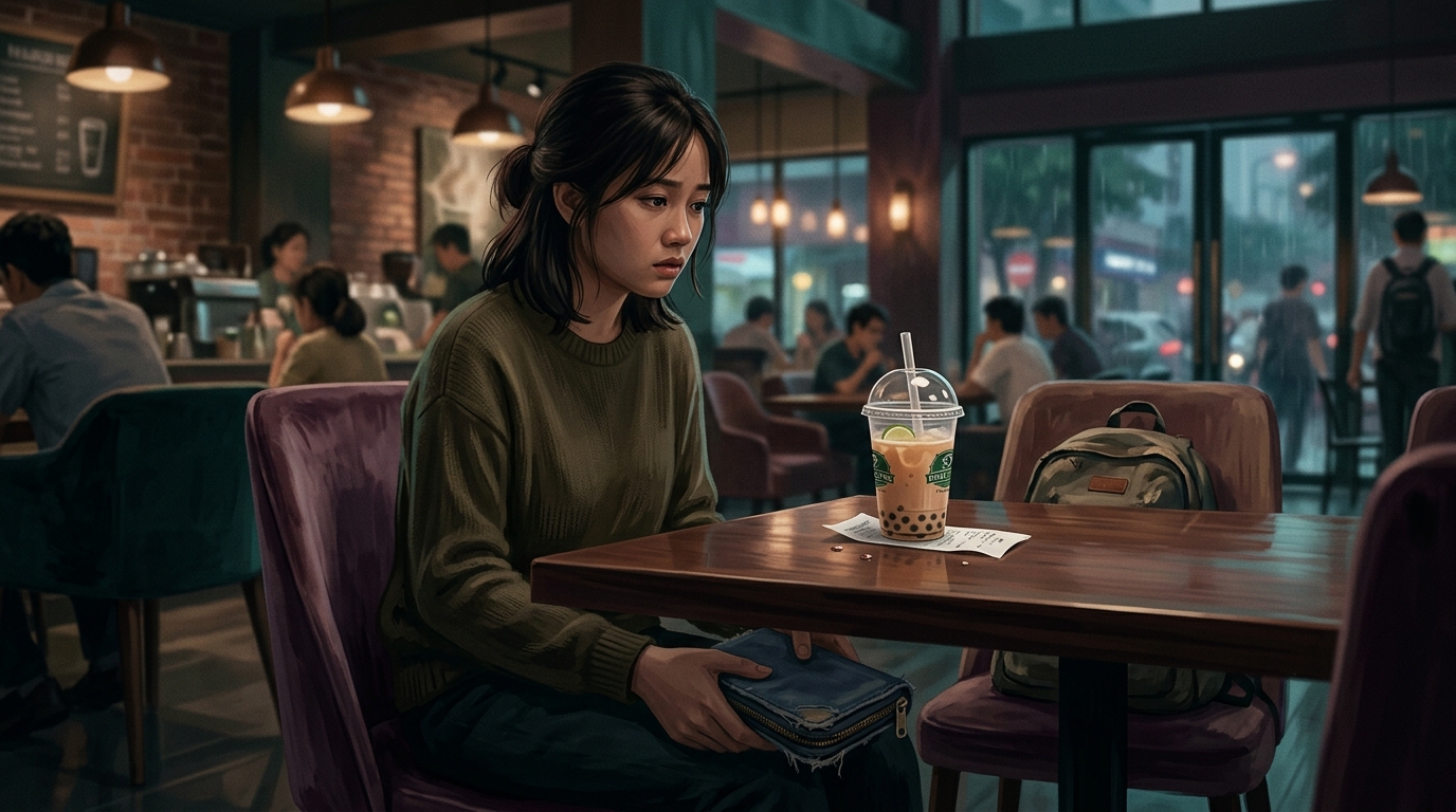 Bạn trẻ ngồi bối rối ở quán nước sang trọng, tay lén giấu chiếc ví mỏng dưới ngăn bàn