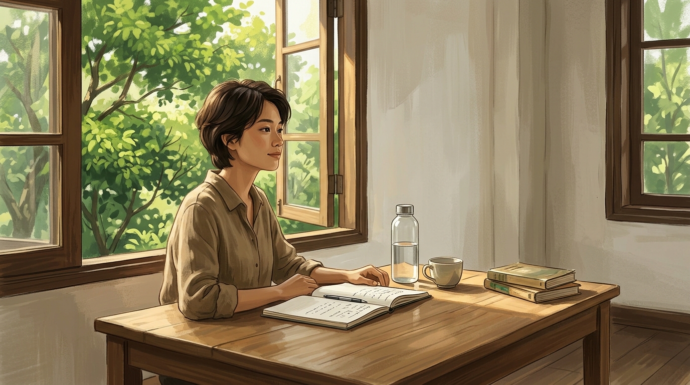 Người trẻ ngồi tự tin và thư thái bên bàn học nhiều ánh nắng, hài lòng với cuộc sống giản dị